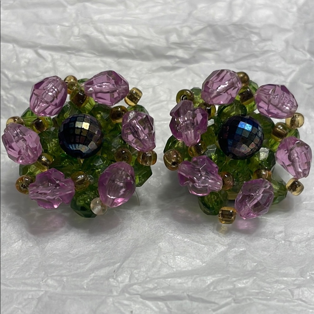 Vintage Germany Lavender and Green Beaded Clip Earrings